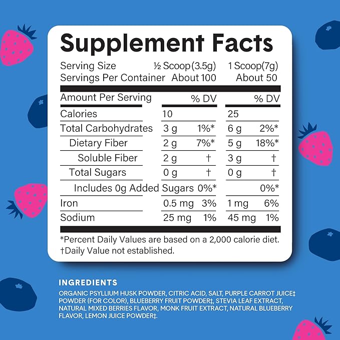 Bellway Super Fiber Powder + Fruit, Sugar Free Organic Psyllium Husk Powder Fiber Supplement for Regularity, Bloating Relief & Gut Health, Non-GMO, Plant-Based, Mixed Berry (50 Servings)