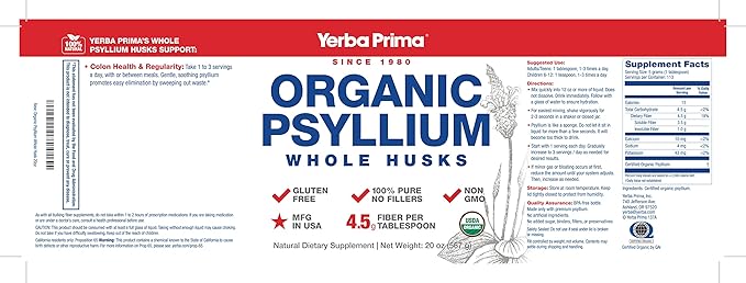 Yerba Prima Organic Psyllium Whole Husks Colon Cleanser - 20 oz - Natural Daily Dietary Fiber Supplement 20oz, Colon Cleanser, Regularity & Detox Cleansing Support, Gluten Free, Non GMO, Vegan