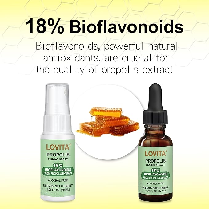 Lovita Propolis Throat Spray, 18% Bioflavonoids, Sore Throat Relief, Alcohol-Free, Gentle and Tasty, 1 Fl Oz