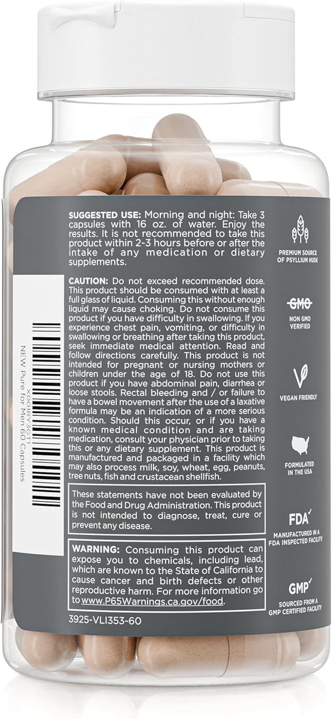 Pure for Men Original Cleanliness Stay Ready Fiber Supplement | Helps Promote Digestive Regularity | Psyllium Husk, Aloe Vera, Chia Seeds, Flaxseeds | Proprietary Formula | 60 Vegan Capsules