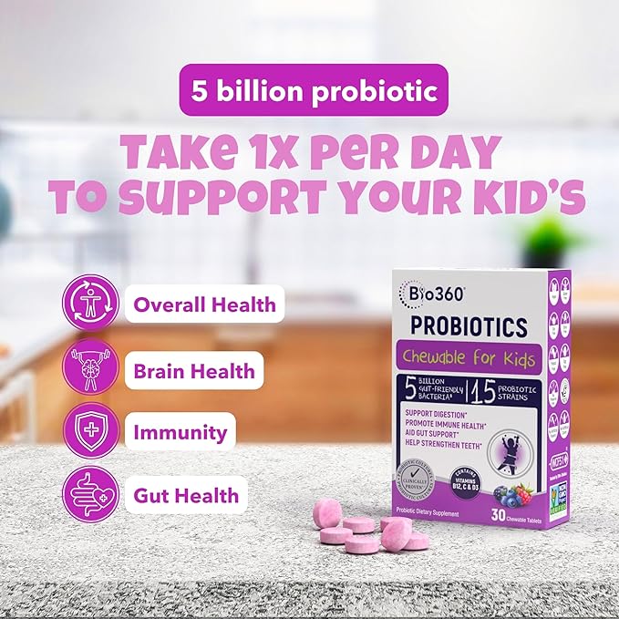 Probiotics for Kids - 15 Strains & 5 Billion CFU Supports Brain, Immune & Digestive Health - Kids Probiotic Chewable with Organic Prebiotics for Gut & Constipation, Mixed Berry Flavor, 30 Count
