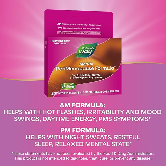 Nature's Way AM/PM PeriMenopause Formula, Perimenopause and PMS Symptom Support*, Hormone-Free, Hot Flashes*, PMS Symptoms*, Restful Sleep*, 30 AM & 30 PM Tablets (Packaging May Vary)