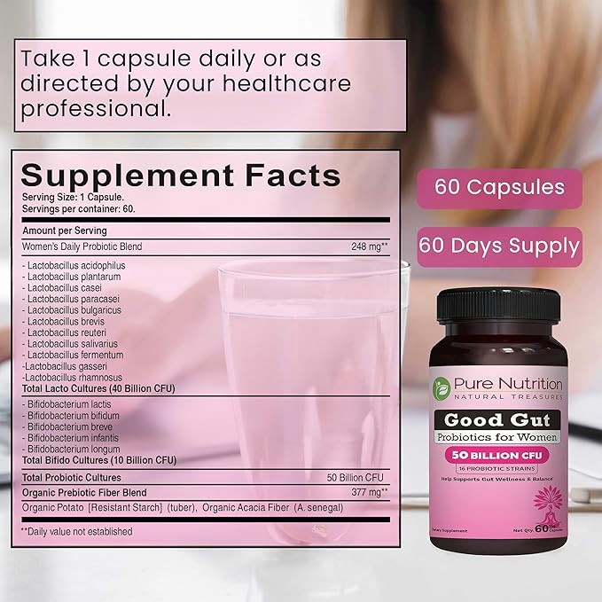 Pure Nutrition Good Gut Women's Probiotics 50 Billion CFU, 16 Strains | 60 Caps | Probiotics for Women with Organic Prebiotic Blend | Once Daily | Non GMO | Gluten Free