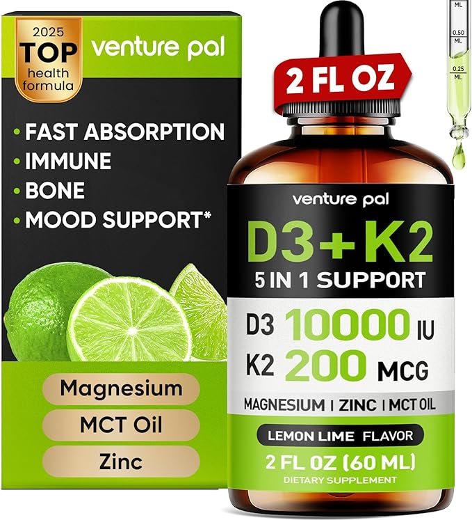 Venture Pal Vitamin D3 10000 IU Drops Plus K2 200 mcg with Magnesium, MCT Oil, Zinc, Vitamin D Liquid |Maximum Absorption for Bone, Mood & Immune Health (Lemon,2 Fl Oz)