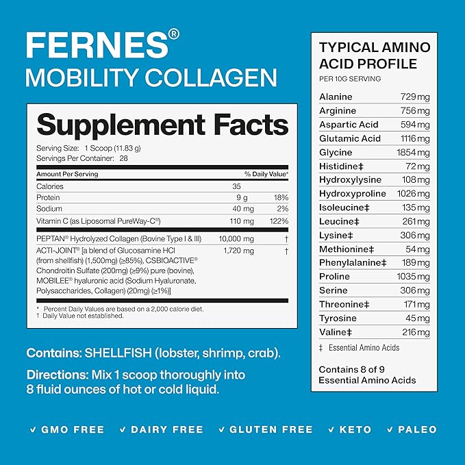 Mobility Collagen Peptides Powder - Glucosamine, Chondroitin, Hyaluronic Acid & Liposomal Vitamin C Joint Bone & Cartilage Support Grass-Fed Type I & III Keto & Paleo 28 Servings, 11.83 oz