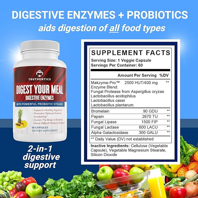 TRUTHENTICS Digestive Enzymes Plus Probiotics & Prebiotics with Bromelain, Lactase, Galactosidase, Acidophilus - Vegan Digestion Aid, Constipation Bloating & Gas Relief for Men & Women - 60 Capsules