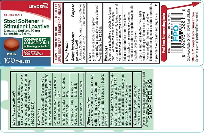 Leader 2-in-1 Stool Softener & Stimulant Laxative, Docusate Sodium 50mg, Sennosides 8.6 mg, Gentle Occasional Constipation Relief for Adults, Both Men & Women, & Children Ages 6+, 100 Tablets