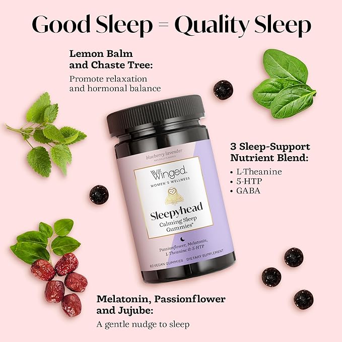 Winged Wellness Sleepyhead Natural Sleep Gummies for Women - Prime Sleep Support Aid for Adults with 3mg Melatonin, L-Theanine, 5-HTP - Blueberry Lavender Flavored - 30 Servings