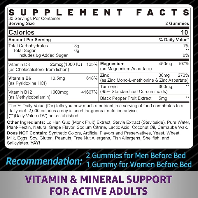 Zinc and Magnesium Supplement (Made in USA), Zinc Magnesium Aspartate Post Workout Gummies for Men Women, w/Vitamin B6, B12, D3, Turmeric for Nighttime Muscle Recovery, Boost Immunity & Sleep, 120 Cts
