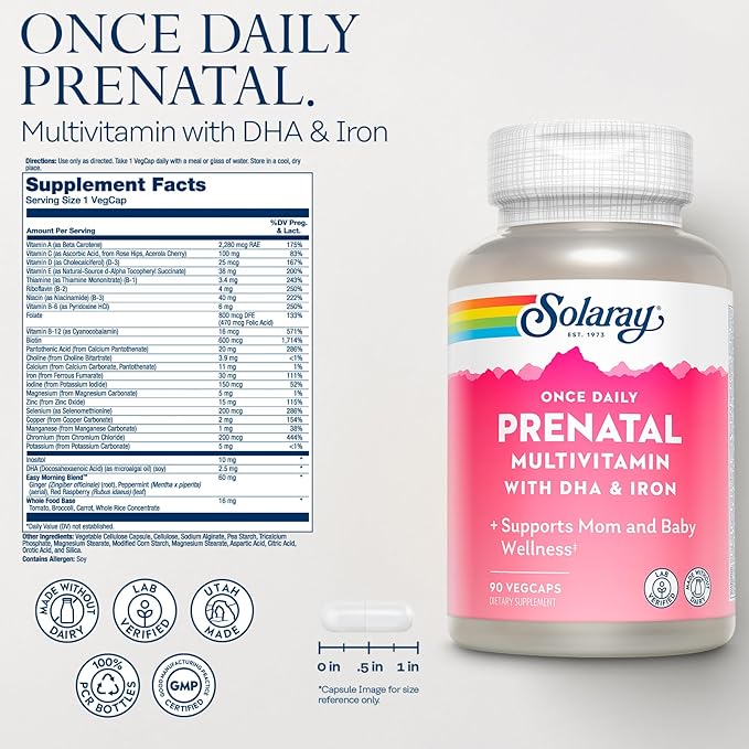 SOLARAY Once Daily Prenatal Multivitamin with DHA & Iron, Prenatal Vitamins and Minerals for Expectant Mothers, Easy Morning Herbal Blend & Whole Food Base, Lab Verified, 90 Servings, 90 VegCaps