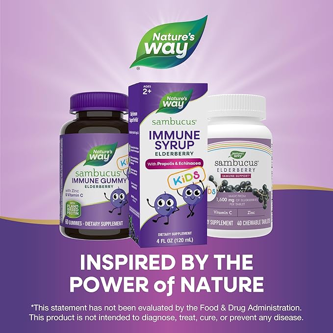 Nature's Way Sambucus Elderberry Immune Syrup for Kids Ages 2+, with Echinacea & Propolis, Daily Immune Support*, Vegetarian, Berry Flavored, 4 Fl Oz (Packaging May Vary)