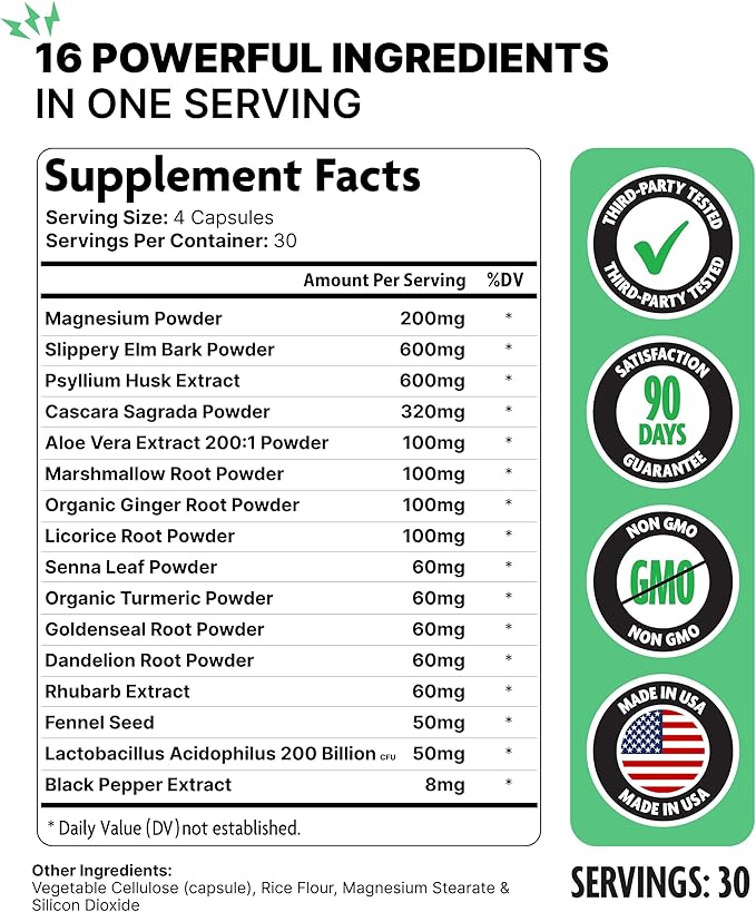 16 in 1 Slippery Elm Bark Supplement for Women & Men - Probiotic, Psyllium Husk, Cascara, Magnesium & Marshmallow Root Complex for Digestive Health & Leaky Gut Wellness - DGL Licorice Extract Capsules