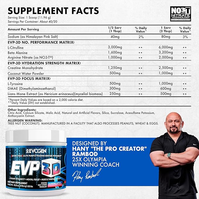 Evogen EVP 3D - Stim Free Pre Workout Powder for Men & Women | Sugar Free Non Stim Preworkout with Beta Alanine and Creatine for Energy & Pump | Blueberry Apple | 40 Servings