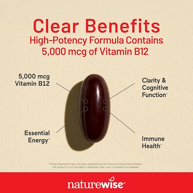 NatureWise Vitamin B12 5000 mcg - Extra Strength - Supplement for Supporting Energy Levels, Mental Clarity, Nervous System Health - Easy-to-Swallow, Soy and Gluten-Free, Non-GMO - 60 Softgels