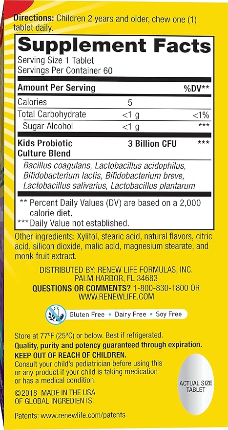 Renew Life Kids Probiotic Gummies, Supports Digestive & Immune Health, Soy, Dairy & Gluten Free, Berry, 60 Chewable Tablets