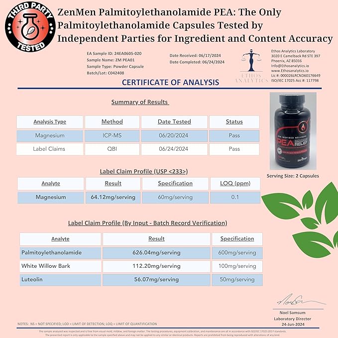 Palmitoylethanolamide (Pea) 600mg - Third Party Tested - with Luteolin, White Willow Bark, Magnesium - Supports Healthy Immune & Nervous Systems, Joints & Sciatic Nerve Relief - 60 Vegan Capsules