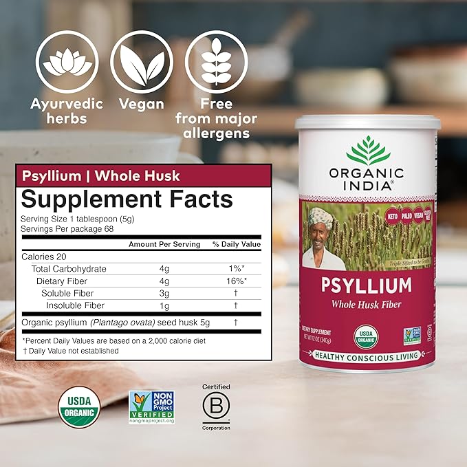 ORGANIC INDIA Whole Psyllium Husk Powder Organic - Psyllium Husk Fiber Supplement, Digestion Support, Vegan, Gluten-Free, Non-GMO, Soluble & Insoluble Fiber Source - 12 oz Canister, 6 Pack