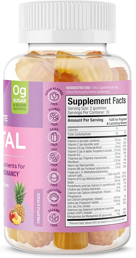 SUKU Prenatal Multivitamin Gummies – Folate, Calcium, Vitamin D3, B12, K2 – Sugar-Free, Vegetarian, Gluten-Free Pregnancy Support – Pineapple Peach Flavor – 60 Count