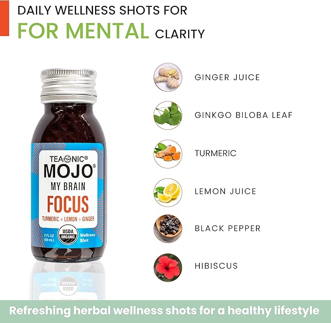 TEAONIC My Brain Mojo: Focus Wellness Shots - USDA-Certified Vegan Formula with Ginkgo Biloba, Ginger, Turmeric - 12 Bottles x 2 Fl Oz Each - Gluten-Free, Non-GMO