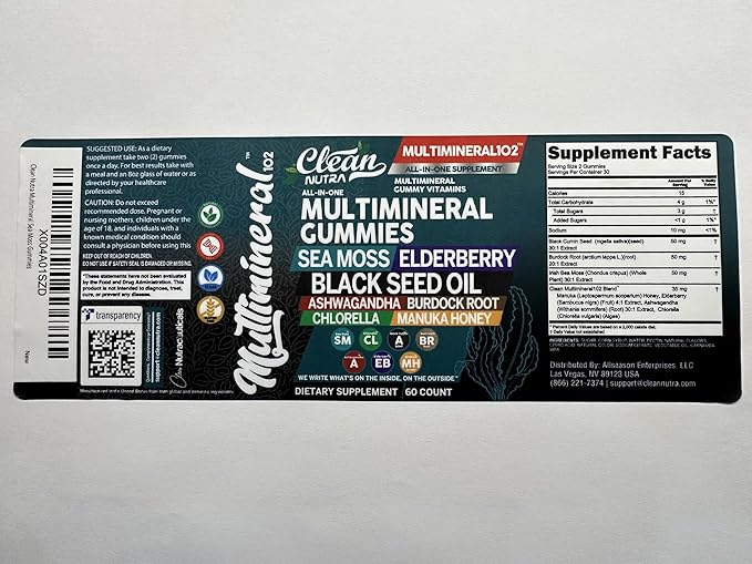 Sea Moss Black Seed Oil Gummies with Ashwagandha Elderberry Burdock Root Chlorella Manuka Honey - Vegan Gummy Vitamins for Adults Kids Men Women-Multimineral Green Apple Flavor by Clean Nutra - 2Pack