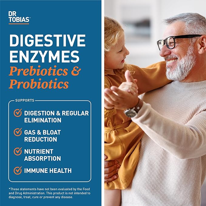 Dr. Tobias Digestive Enzymes with Probiotics, Prebiotics and Postbiotics Bromelain, Amylase, Lipase, for Better Digestion & Immune Function, 120 Capsules 60 Servings (2 Daily)