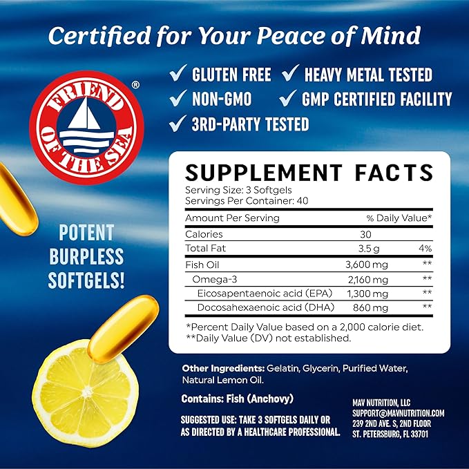 Triple Strength DHA Omega 3 Fish Oil 3600 mg | Over 2100mg Omega-3 Fatty Acids with 860mg of DHA | 1300mg EPA | Best Essential Fatty Acids | Premium Wild Caught & Burpless Fish Oil | 120 Softgels