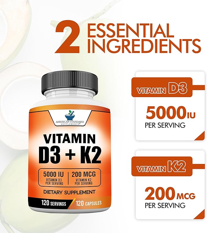 American Standard Supplements Vitamin D3 5000 IU (125mcg) Plus Vitamin K2 (MK7) 200mcg Per Capsule - Gluten Free, Non-GMO, 120 Capsules, 120 Servings, 120 Day Supply