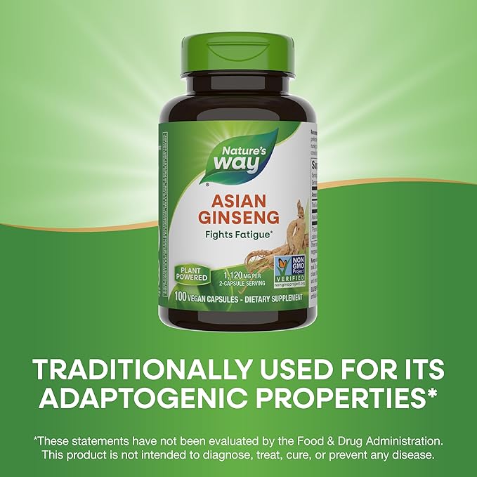 Nature's Way Asian Ginseng, Fights Fatigue*, 1,120mg Per 2-capsule Serving, Non-GMO Project Verified, Vegan, 100 Capsules (Packaging May Vary)