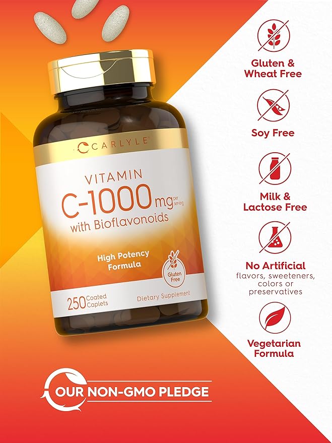 Carlyle Vitamin C 1000mg with Bioflavonoids | 250 Caplets | with Rose HIPS | Vegetarian, Non-GMO, Gluten Free Supplement