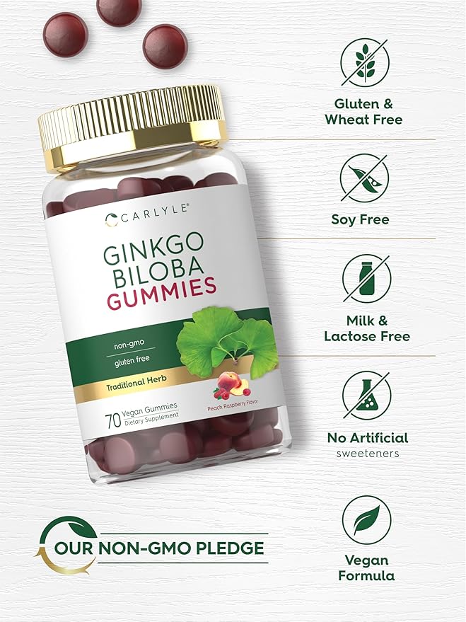 Carlyle Ginkgo Biloba 300mg | 70 Gummies | 45:1 Leaf Extract | with Peach Raspberry Flavor | Vegan, Non-GMO, Gluten Free Supplement