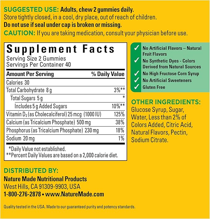 Nature Made Calcium Gummies 500 mg Per Serving with Vitamin D3, Dietary Supplement for Bone Support, 80 Gummies, 40 Day Supply (Pack of 3)