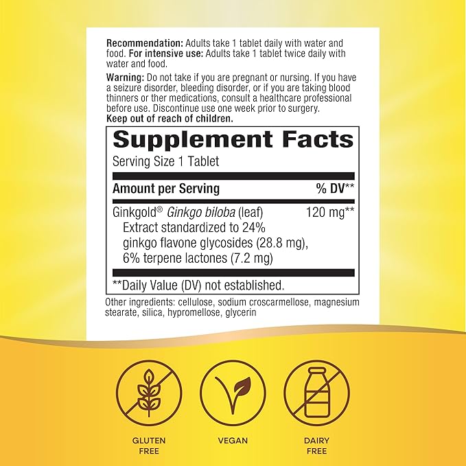 Nature's Way Ginkgold Max Advanced Ginkgo Extract, Supports Memory, Focus, and Concentration, and Cognitive Function*, Gluten free, Vegan, 60 Vegan Tablets (Packaging May Vary)