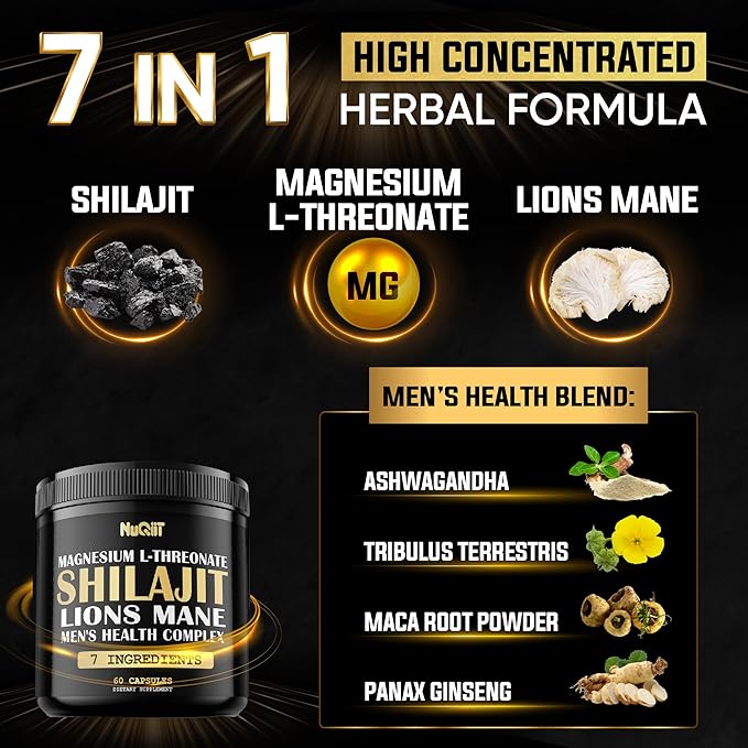 Shilajit Pure Himalayan Organic with Magnesium, Lions Mane, and Men Health Complex as Ashwagandha, Maca Root & More - Support Immunity, Brain Health & Positive Mood - 60 Capsules