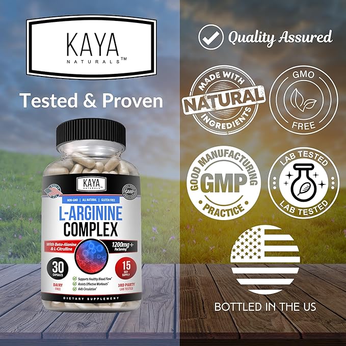 Kaya Naturals - L-Arginine All-Natural Herbal Supplement for Maximum Health Benefits | Pre-Workout | Energy | Improved Nighttime Performance | - 60 Capsules