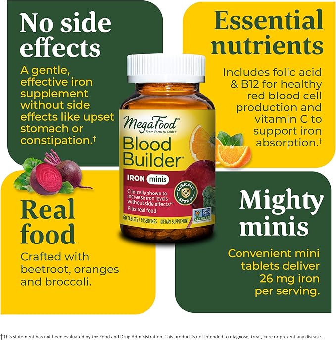 MegaFood Blood Builder Minis, Iron Supplement Clinically Shown to Increase Iron Levels Without Side Effects - Vegan Supplement with Vitamin C, Vitamin B12 & Folic Acid, 60 Tablets (30 Servings)