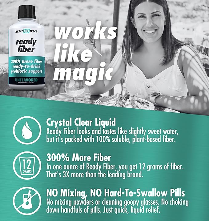 HEALTH DIRECT - Ready Fiber - Prebiotic Liquid Fiber Supplement for Women, Men and Kids - 15 Fl Oz - 15-30 Servings, Unflavored - Easier Than Gummies, Powders and Pills