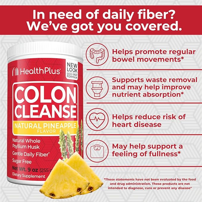 Health Plus Colon Cleanse Digestive Support | No Artificial Flavors | Daily Fiber for Toxin Elimination to Reduce Bloating | Psyllium Husk | Pineapple Flavor | 9 Ounces, 36 Servings
