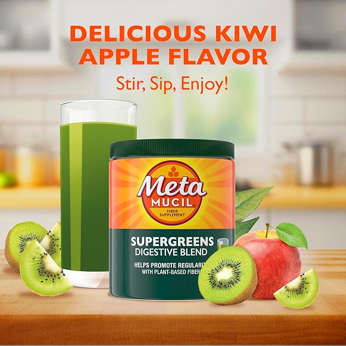 Metamucil Greens SuperFood Powder Fiber Supplement for Digestive Health* and Regularity*, Gluten Free Plant-Based Stevia, Great Taste Kiwi Apple Flavored, 3g Dietary Fiber per Serving, 42 Servings