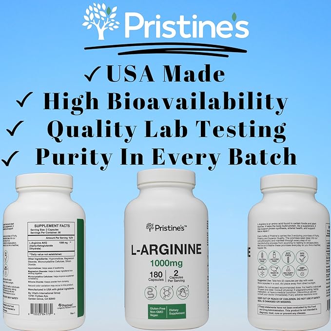PRISTINE'S L Arginine Supplements for Men & Women - 1000mg Capsules 90 Day Supply Nitric Oxide & Pre Workout Amino Acid Support