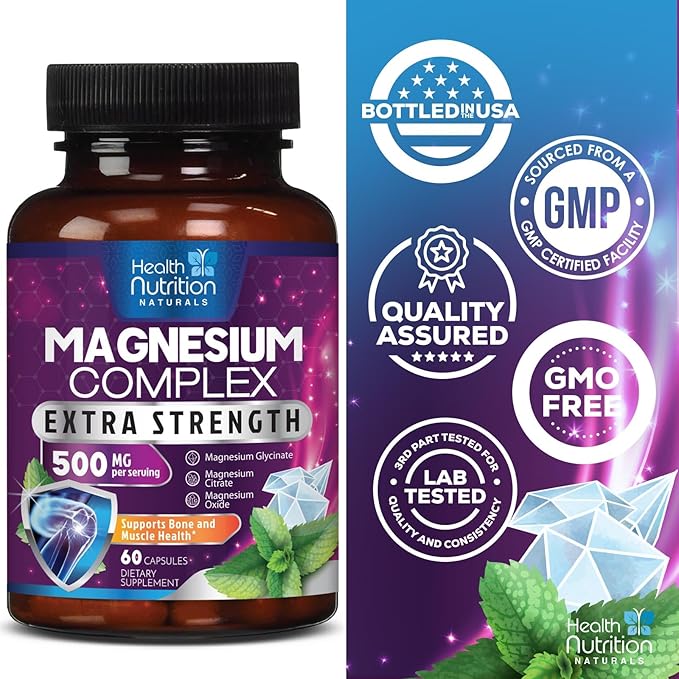 Magnesium Supplement Citrate Capsules 500mg with Glycinate, Oxide, Malate, Citrate - for Muscle, Nerve, Bone and Heart Health Support - High Absorption Glycinate Complex, Gluten Free - 60 Capsules