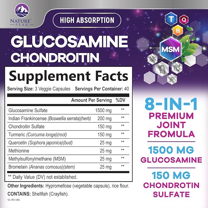 Glucosamine Chondroitin Supplements MSM Complex - Antioxidant & Joint Support with Turmeric, Boswellia, Quercetin - For Occasional Discomfort of Joints, Back, Hands, Knees & Mobility - 120 Capsules
