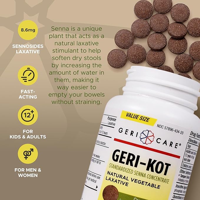GeriCare Senna Natural Vegetable Laxative, Geri-KOT Sennosides 8.6mg, 200 Count (Pack of 1)