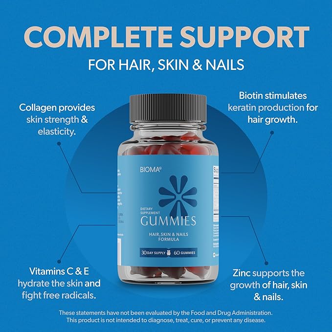 BIOMA Hair, Skin & Nails Beauty Gummies - Supports Growth & Strength with Biotin, Collagen, Zinc & Vitamins C & D - Gluten-Free - 180 Gummies (90-Day Supply, 3 Pack)