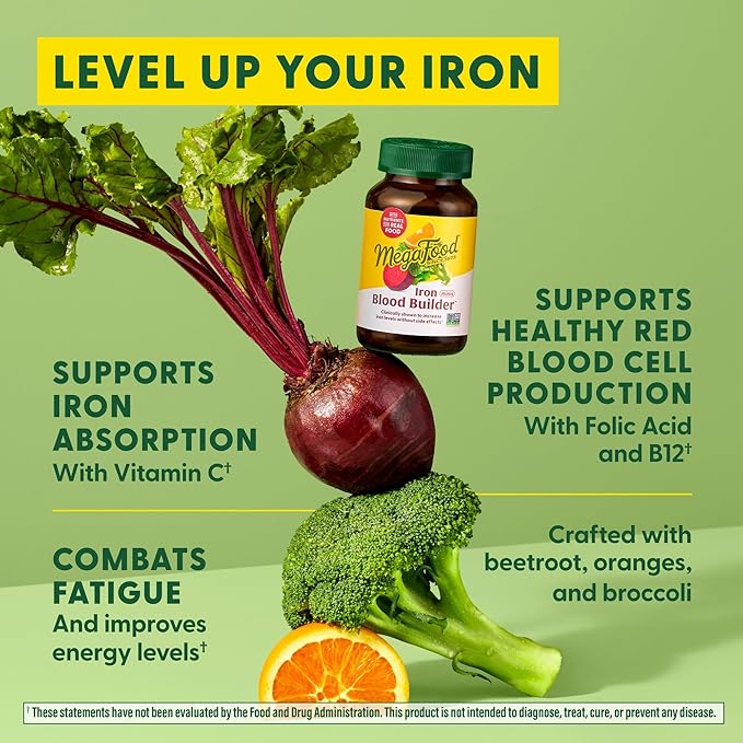 MegaFood Blood Builder Minis, Iron Supplement Clinically Shown to Increase Iron Levels Without Side Effects - Vegan Supplement with Vitamin C, Vitamin B12 & Folic Acid, 72 Tablets (36 Servings)
