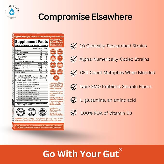 GoLive Prebiotic and Probiotic for Women, Men, Kids. Tangerine Turmeric Synbiotic Powder w/ L-Glutamine, Vitamin D3, Electrolytes. For Gut Health, Digestion, Metabolism, Immunity 15-50B CFUs.