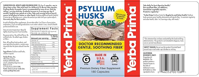 Yerba Prima Psyllium Husks Veg Caps - 180 Count (2 Pack) (625mg) - Vegan, Non-GMO, Gluten Free, Colon Cleanser, Daily Fiber Supplement for Gut Health & Regularity