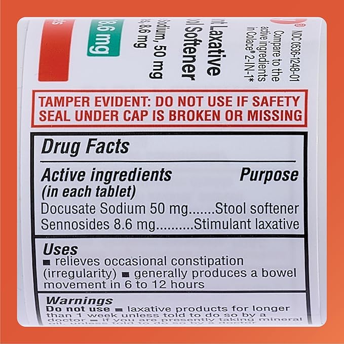 Rugby Stimulant Laxative Plus Stool Softener Docusate Sodium 50 mg/Sennosides 8.6 mg - Laxative Tablets for Occasional Constipation Relief - Stool Softeners for Women, Men, and Kids - 100 Tablets