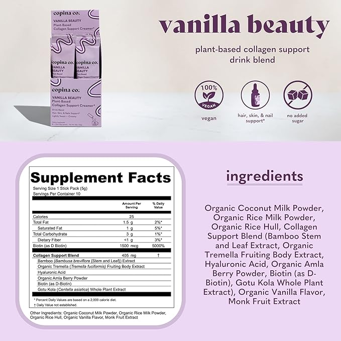 Vanilla Beauty Vegan Collagen Booster Creamer: Plant Based Collagen Support Smoothie Drink Vegan Blend Variety Pack | Vanilla Flavor || 3 Cartons, 10 Individual Servings per Carton
