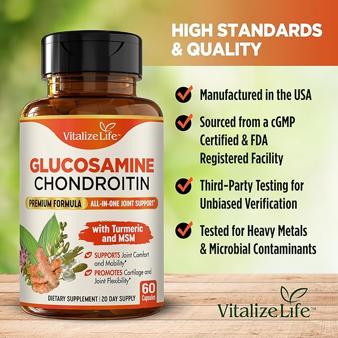 Glucosamine Chondroitin MSM Supplement – Joint Supplements for Men and Women – Glucosamine for Joints and Mobility – Turmeric for Joint Health, Cartilage and Flexibility – Made in USA