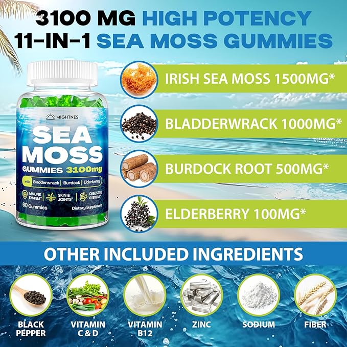 Sea Moss Gummies, 3100mg Irish True Sea Moss Seamoss Gummies for Women & Men with Bladderwrack, Burdock Root, Elderberry Vitamin C and Zinc for Detox Cleanse, Immune, Skin, Digestive, Organic, 120Ct